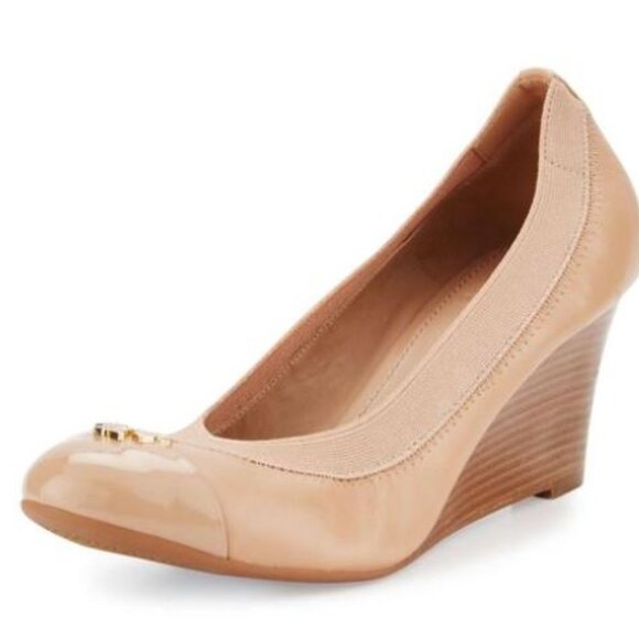 Tory Burch Women's Jolie Leather Cap Toe Wedge Pump Tory Beige Size 9 M - Picture 2 of 6